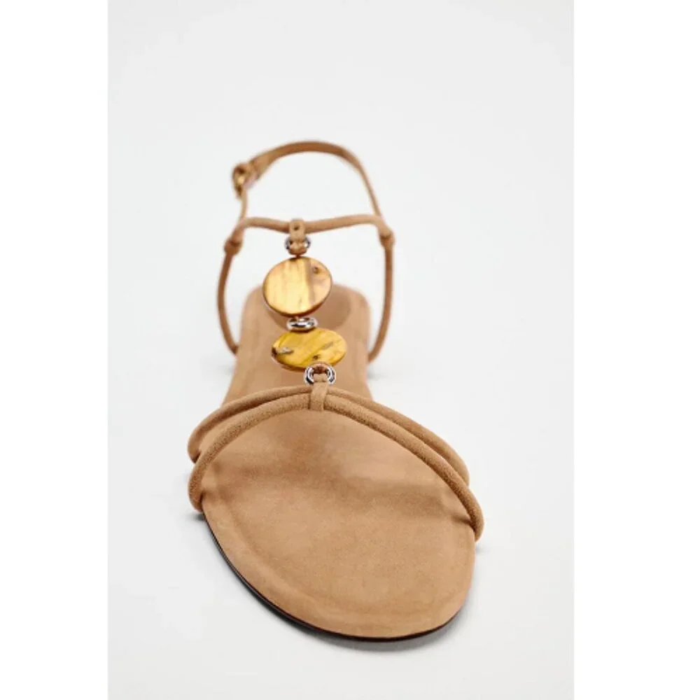 Zara Leather Sandals Embellished Front Beads Round toe Ankle buckle strap Sz 10 - Picture 5 of 12
